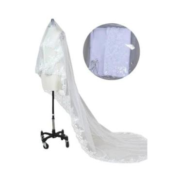 Imagem de Véu De Noiva Longo Branco Marfim Com Borda De Renda Luxuosa Em Tule De