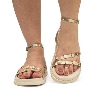 Imagem de Sandália Plataforma Flat Feminina Casual Plataforma Papete Enfeite Metal Brilho Metálic...