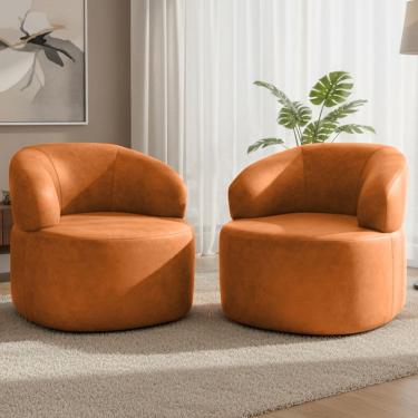 Imagem de Kit 02 Poltronas Giratória Orgânica Para Sala Living Helena L02 Couríssimo Canela - Lyam Decor