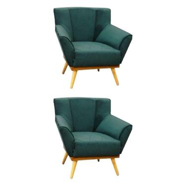 Imagem de Kit 2 Poltronas Decorativas Berlim Base Em Madeira Maciça Tecido Veludo Verde