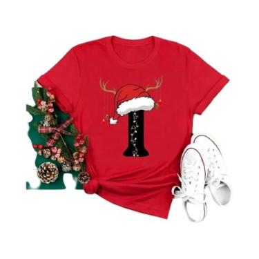 Imagem de Camiseta Feminina Vermelha De Natal Com Alfabeto, Estilo Casual, Manga