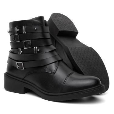 Imagem de Bota Feminina Cano Curto Couro Salto Baixo Casual Fivela