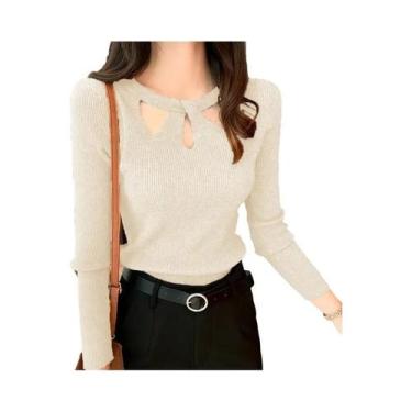 Imagem de Suéter Feminino Slim Fit Com Decote Redondo E Detalhes Vazados Em Cor 
