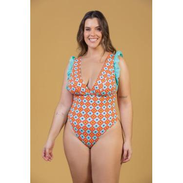 Imagem de Maiô Feminino com Babados Estampado - Cor De Cacau, P, Geométrico verd