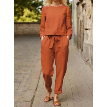 Imagem de N-H0701-Conjunto Feminino Blusa Calça Linho Chique Casual V27 - Xumi, 