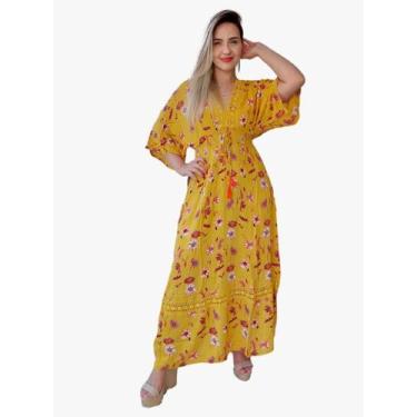 Imagem de Vestido Longo Indiano Estampado Manga Curta Viscose Cod.163 - Aléci Fa