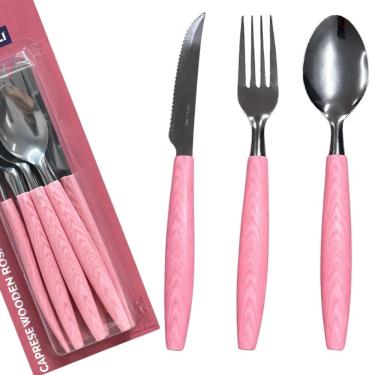 Imagem de Conjunto de Talheres Caprese Wooden 12 Peças em Aço Inox e Plástico para Mesa Posta Rosa Fratelli