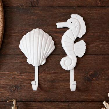 Imagem de Porta Toalha de Parede Decorativo Kit 2 Peças Concha e Cavalo Marinho para Casa de Praia Branco