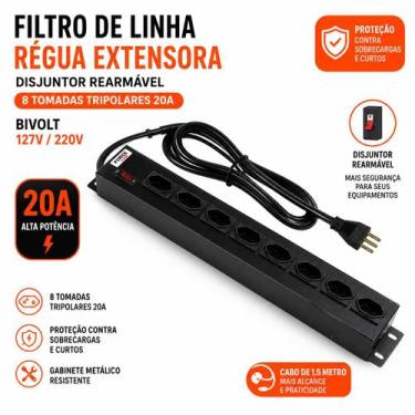 Imagem de Filtro de Linha Régua Extensora Disjuntor Rearmável Bivolt 8 Tomadas T