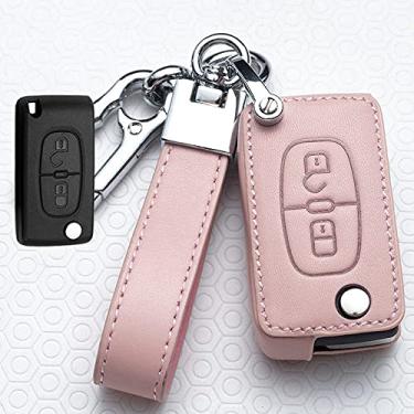 Imagem de WSWJDW Capa de couro para chave de carro, adequada para Peugeot 107 206 207 208 306 307 301 308S 407 2008 3008 4008 5008 RCZ Citroen C1 C2 C3 C4 C5 DS3 DS4, A, rosa
