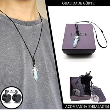 Imagem de Colar Masculino Fio Encerado Amuleto Pedras Brutas Pedra da lua Branca + Brinco