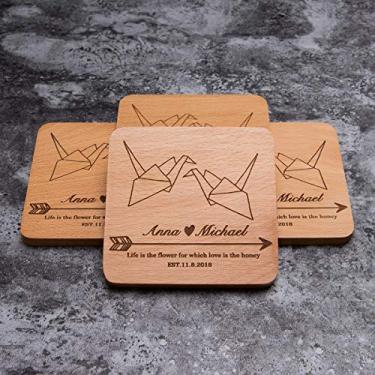 Imagem de Porta-copos de madeira de faia com monograma personalizado para bebidas – Presentes de casamento personalizados para presentes de chá de panela – Conjunto de porta-copos personalizado, #6 Paper Crane Style, 12