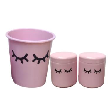 Imagem de kit porta pinceis + potes porta algodão e cotonete rosa claro cílios