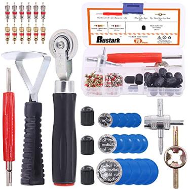 Imagem de Rustark Kit de ferramentas de remoção de haste e reparo de patch de pneu 70 peças, raspador de pneu, núcleos e tampas de haste de válvula de pneu, ferramentas de remoção de haste de válvula, ponto de reparo de pneus, adesivos de reparo de pneus para perfurações