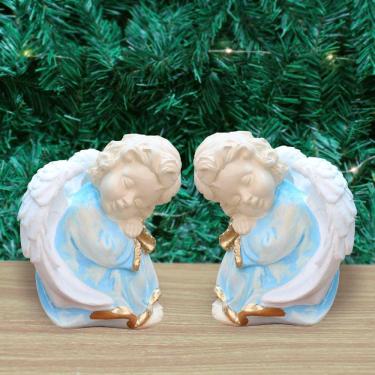 Imagem de Par De Anjos De Gesso Azul Sentado Estátua Decorativa 11cm