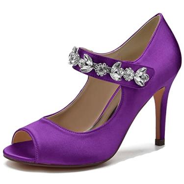 Imagem de Sapatos de casamento de noiva de cetim feminino escarpins peep toe com strass salto agulha alto marfim sapatos sociais 35-43,Dark purple,8 UK/41 EU