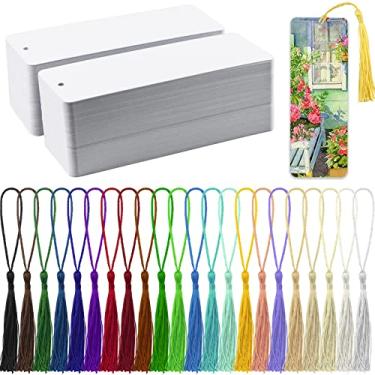 Imagem de Bercoor 240 peças de marcadores de página brancos para decorar com 240 peças de borlas, marcador de livro de papelão grosso para projetos de artesanato e etiquetas de presentes