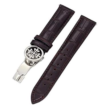 Imagem de CZKE Pulseira de relógio de couro genuíno 19MM 20MM 22MM pulseiras para Patek Philippe Wath pulseiras com fecho de aço inoxidável masculino feminino (cor: marrom escuro prata, tamanho: 19mm)