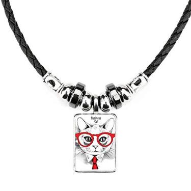 Imagem de DIYthinker Colar Bussiness Cat Head Protect Animal Pet Lover Jewelry Torque Leather Rope Pendant