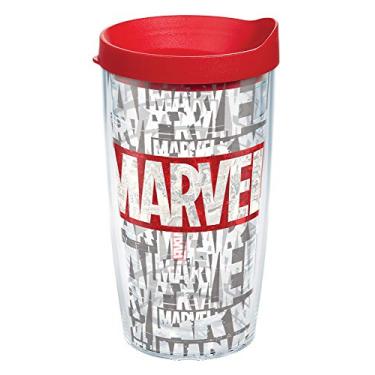 Imagem de Tervis Copo de viagem com isolamento térmico de parede dupla com logotipo Marvel Made in USA mantém as bebidas frias e quentes, 473 ml, clássico