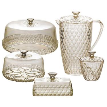 Imagem de Kit boleira baixa, queijeira, açucareiro, manteigueira e jarra de plástico Cristal âmbar Plasutil