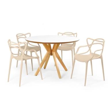 Imagem de Conjunto Mesa de Jantar Redonda Marci Premium Branca 120cm com 4 Cadeiras Allegra - Nude
