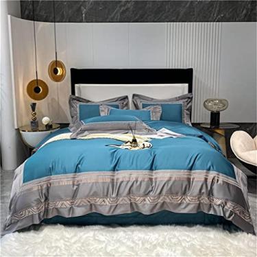 Imagem de Conjunto de cama de algodão egípcio 1000TC com moldura chique azul patchwork lençol travesseiro fronhas Queen King 4 unidades (cor: A, tamanho: tamanho Queen 4 unidades) vision