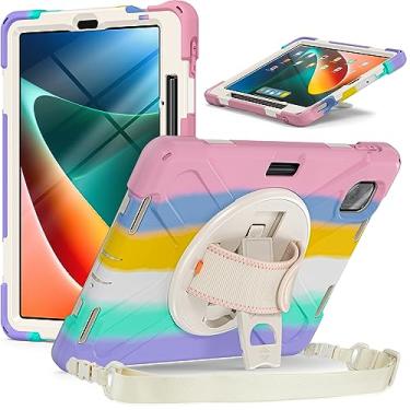 Imagem de QYiiD Capa para Xiaomi Pad 6 / Pad 6 Pro com suporte para caneta 11 polegadas 2023, capa protetora resistente à prova de choque com alça de mão giratória 360, alça de ombro, rosa colorido