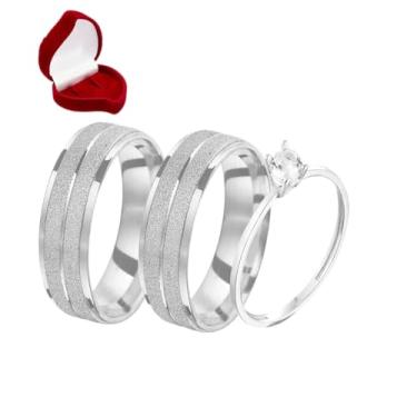 Imagem de Par Alianças 8mm Prata Design Italiano com Anel Solitario com Pedra Zirconia e Caixa de Veludo Namoro Noivado Casamento
