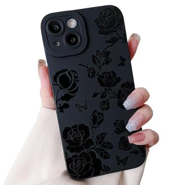 Imagem de Finyosee Capa compatível com iPhone 13 Mini de 5,4 polegadas, linda flor de borboleta floral legal preto sólido, capa de telefone feminina fina de silicone macio fina capa protetora à prova de choque