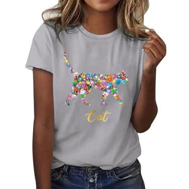 Imagem de PKDong Camisetas femininas de Páscoa com estampa de gato, coelhinho da Páscoa, gola redonda, manga curta, camiseta fofa, Cinza, XXG