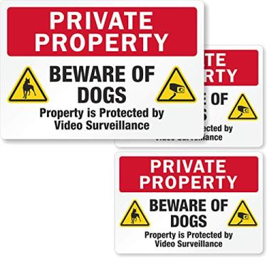 Imagem de SmartSign Etiquetas de propriedade privada - Beware of Dogs Protected by Video Surveillance, conjunto de 3 | Dois adesivos/adesivos reflexivos EG de 7 cm x 10 cm e um de 9,5 cm x 14 cm