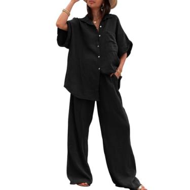Imagem de Imily Bela Conjunto feminino de 2 peças, camisa de botão e calça de perna larga, conjunto de pijama de linho de algodão, Preto, Small