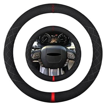 Imagem de K LAKEY Capa de volante de camurça, compatível com Discovery Sport Evoque Freelander Alcantara couro antiderrapante capa de roda acessórios interiores de carro 38 cm para homens e mulheres