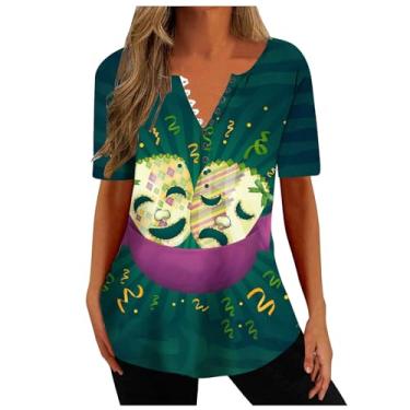 Imagem de MaMiDay Túnica plus size para mulheres, camisetas estampadas com máscara, casuais, soltas, camisetas de verão com botões de manga curta, A01#verde, G