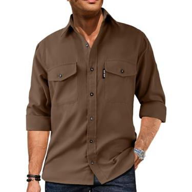 Imagem de Comdecevis Jaqueta masculina casual com botões, manga comprida, casaco leve, com bolsos de aba, Marrom, GG
