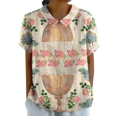 Imagem de PKDong 1 pacote de blusas femininas casuais de linho com gola Peter Pan, camisetas lisas com abertura nas costas, camisetas soltas de manga curta, Laranja, 4G