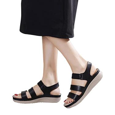 Imagem de Sandálias femininas elegantes de verão Bohomenia Wedge sandálias femininas com tira no tornozelo, sandálias casuais de praia com bico aberto, Preto, 6.5