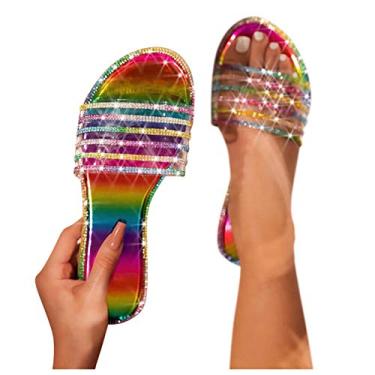 Imagem de Sandálias femininas elegantes para o verão, sandálias rasas com strass, sandálias femininas de cristal, confortáveis, bico aberto, chinelos rasos, Z01 - multicolorido, 7.5