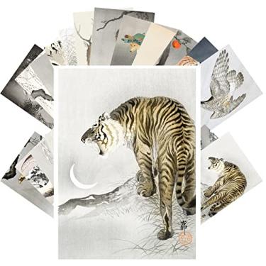 Imagem de PIXILUV Cartões postais vintage (24 peças 10 x 15 cm cada) águia falcão tigre macaco vintage gravação japonesa por Koson Ohara Retro, cartões comemorativos reimpressão
