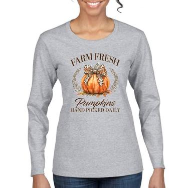 Imagem de Camiseta feminina manga longa Farm Fresh Pumpkins outono aconchegante estação milho labirinto festival dia de ação de graças peru outono bonito, Cinza, G