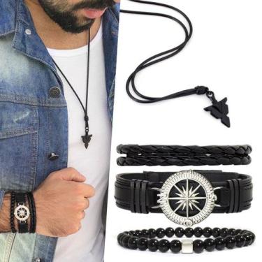 Imagem de Pulseiras Masculinas Couro BÚSSOLA Kit C / 03 + Colar Ponta de Flecha 
