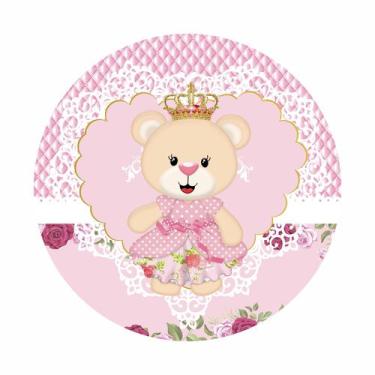 Imagem de Painel de Lona Redondo Ursinha Princesa Capitone e Flores Rosa - Fabri