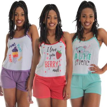 Imagem de Kit 3 Short Doll Silk Fristyle Malha Estampada Feminino Adulto, GG, Ve