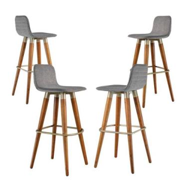 Imagem de Kit 4 Banquetas Línea Madeira em Verniz PU Cinza e Champanhe - UniDeco