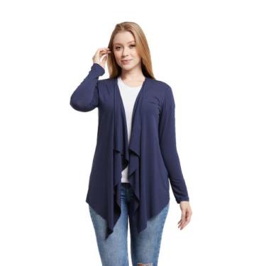 Imagem de Cardigan Feminino Casaco Kimono Com Bico Manga Longa - Wooks, G, Azulm