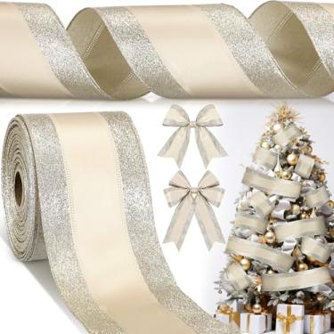 Imagem de Craftsatin Fita de Natal com glitter com fio de 10 cm de largura com borda com fio fitas de tecido de férias para decoração arcos de embrulho de presente guirlanda de árvore de Natal DIY artesanato