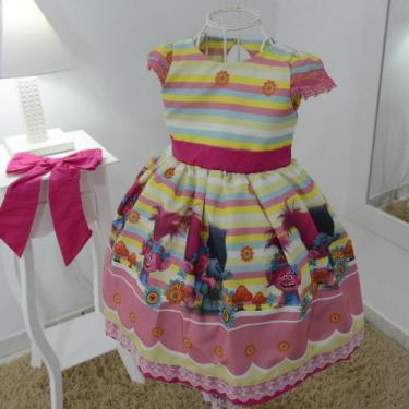 Imagem de Vestido festa infantil dos trolls com laço superluxo - Moderna Meninas