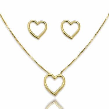Imagem de Conjunto Brinco e Colar Coração Vazado Banhado a Ouro 18k Semijoia - D