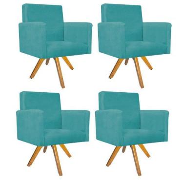 Imagem de Kit 04 Poltronas Arenzza Base Giratória de Madeira Suede Azul Turquesa